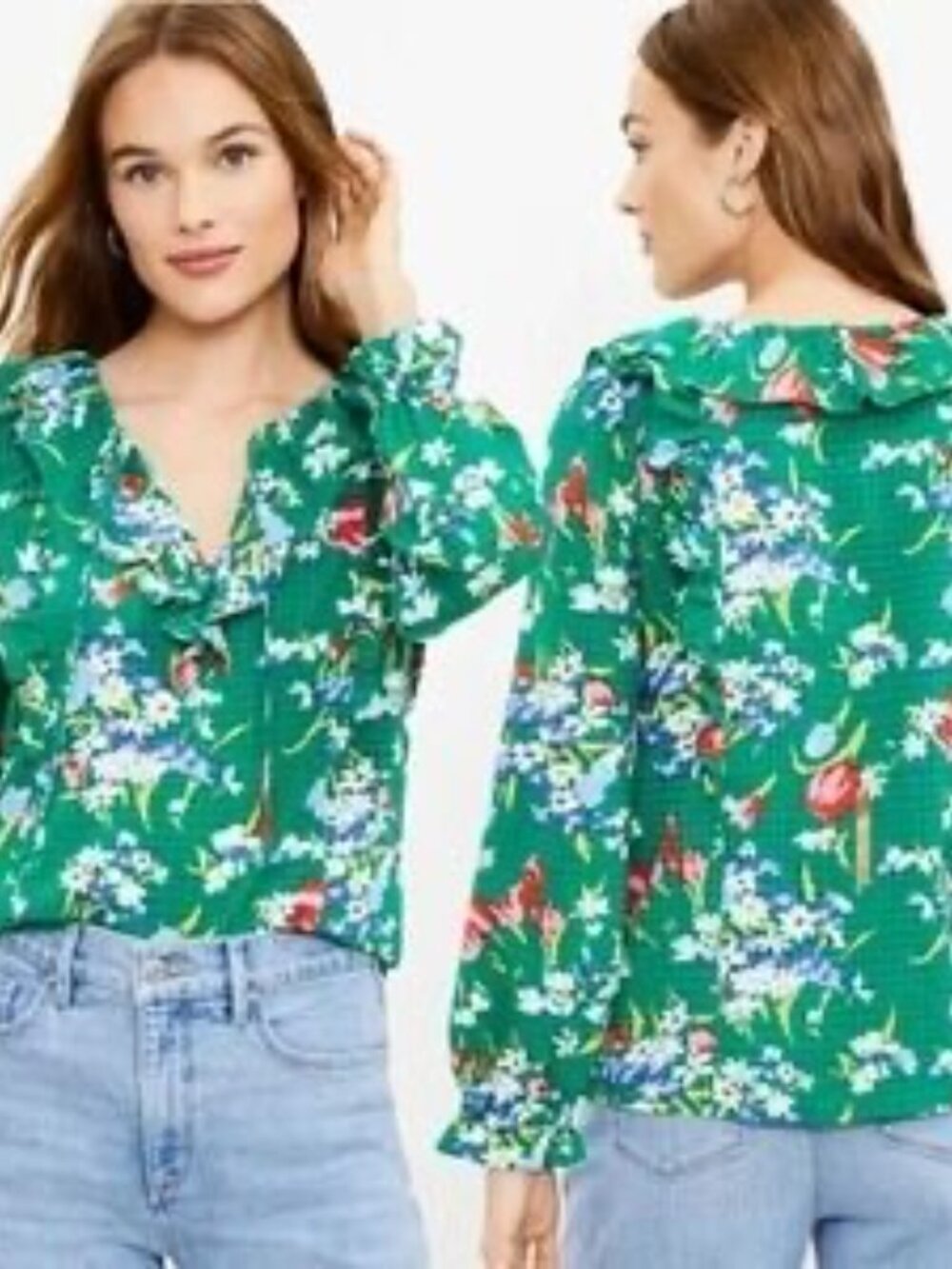 LOFT Bouquet Ruffle Tie Neck Blouse Green Floral Print | Size XL
